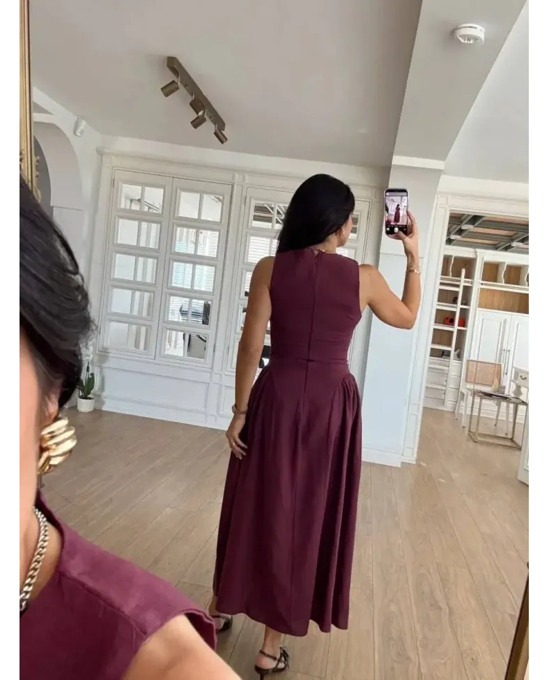 Kolsuz Uzun Kabardin Elbise - Bordo