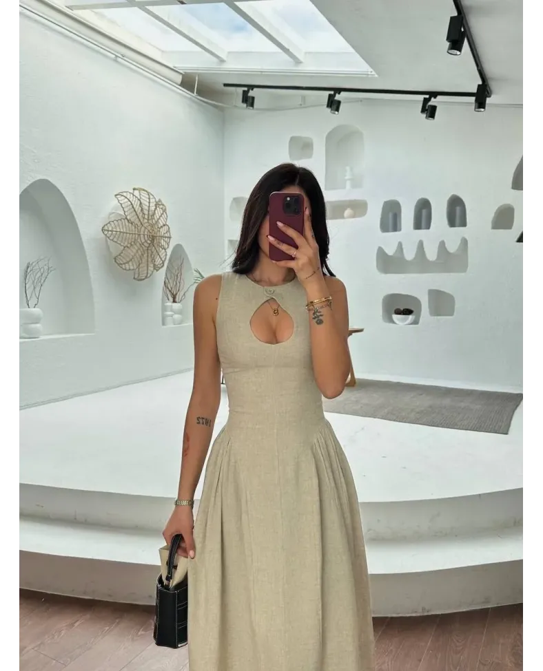 Kolsuz Uzun Kabardin Elbise - Gri