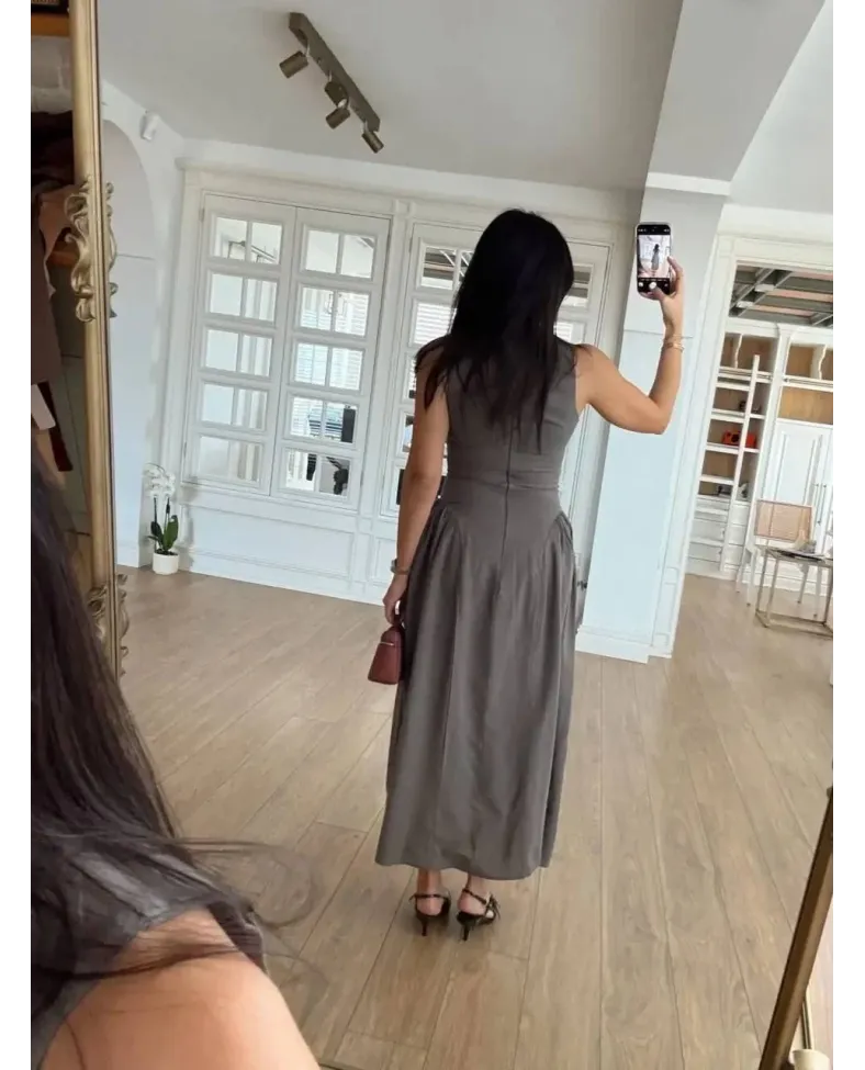 Kolsuz Uzun Kabardin Elbise - Gri