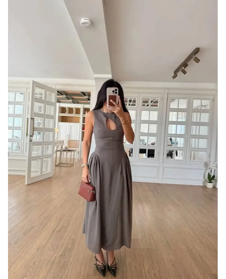 Kolsuz Uzun Kabardin Elbise - Gri