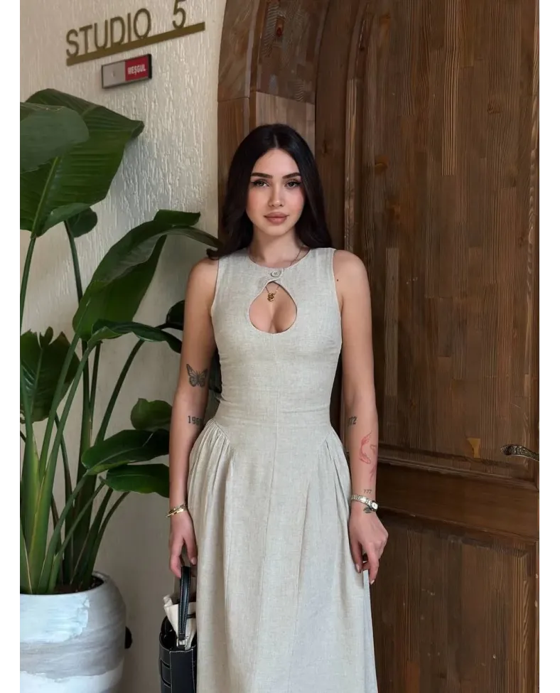 Kolsuz Uzun Kabardin Elbise - Gri