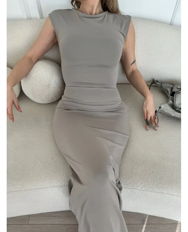 Kolsuz Uzun Likralı Elbise - Gri