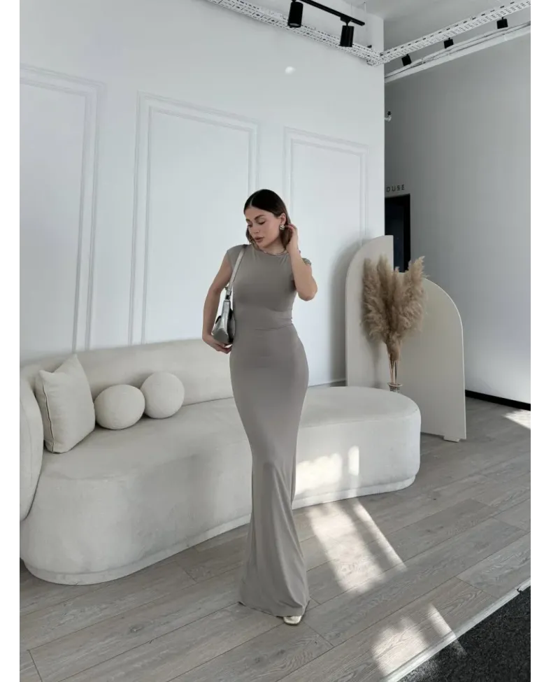 Kolsuz Uzun Likralı Elbise - Gri