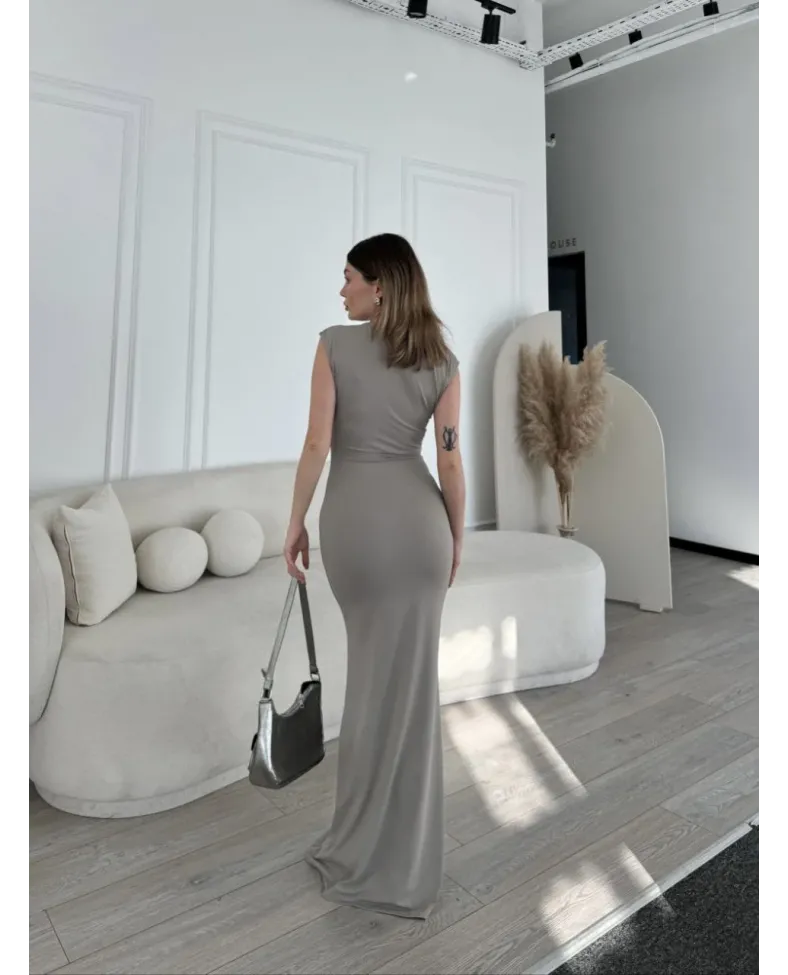 Kolsuz Uzun Likralı Elbise - Gri