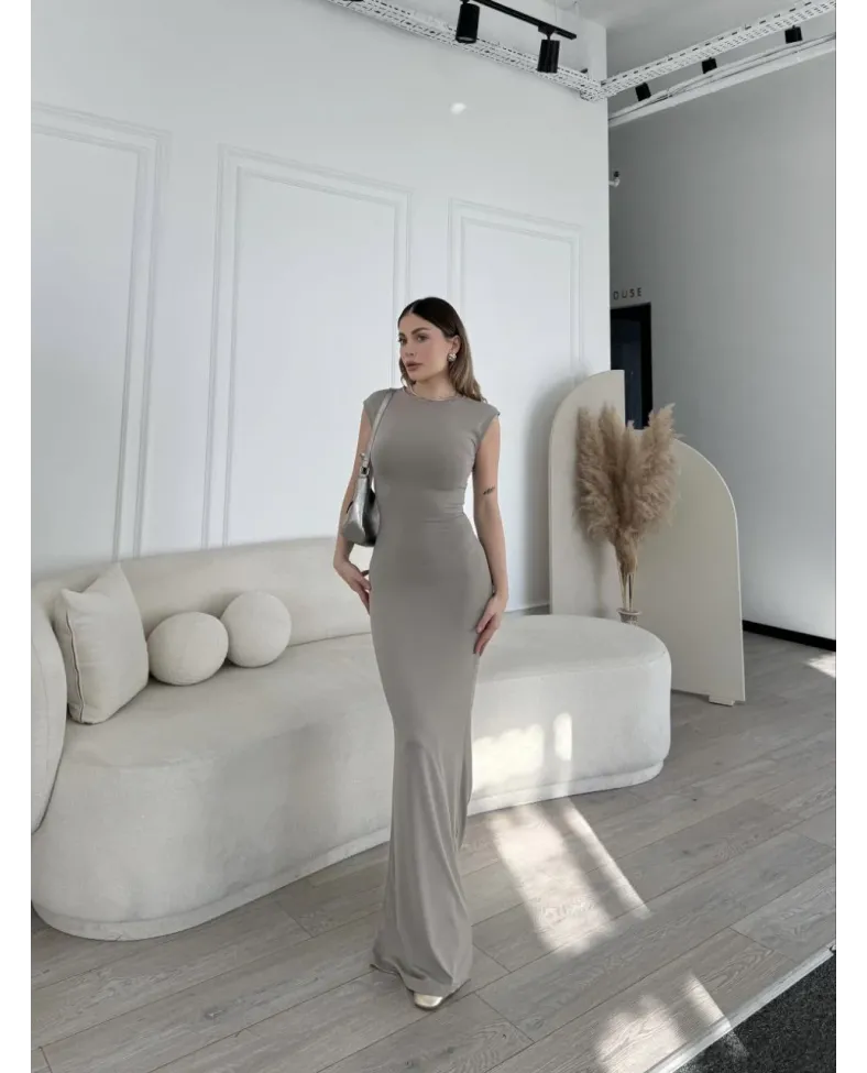 Kolsuz Uzun Likralı Elbise - Gri