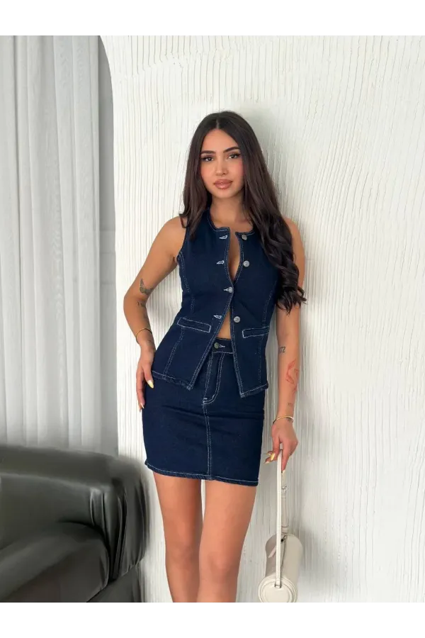 Kot Jeans Etekli ikili Takım - Lacivert