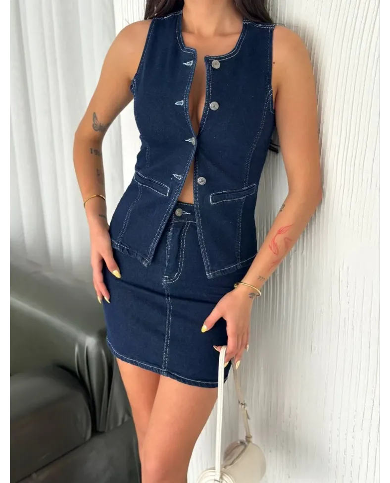 Kot Jeans Etekli ikili Takım - Lacivert