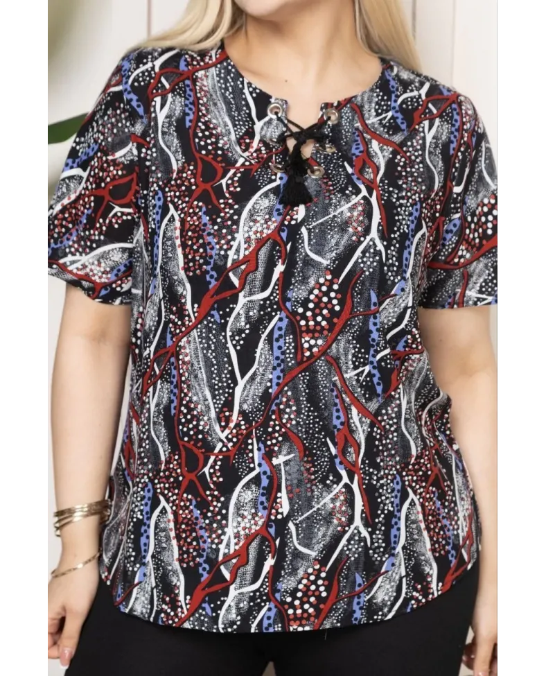 Kadın Desenli Püsküllü Viskon Bluz Bebe Yaka Kısa Kollu Big Size Kesim - Desenli