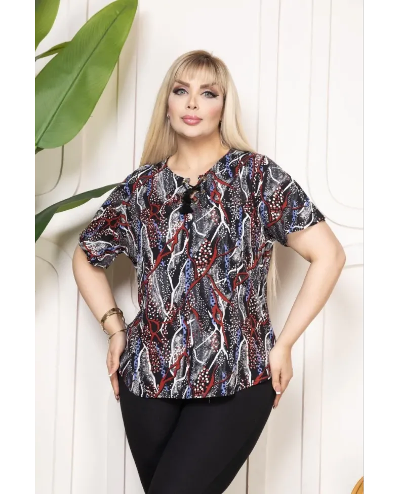 Kadın Desenli Püsküllü Viskon Bluz Bebe Yaka Kısa Kollu Big Size Kesim - Desenli