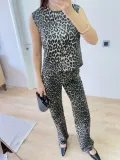 leopar desenli Düğmeli Bluzlu Pantolon İkili Takım -Leopar