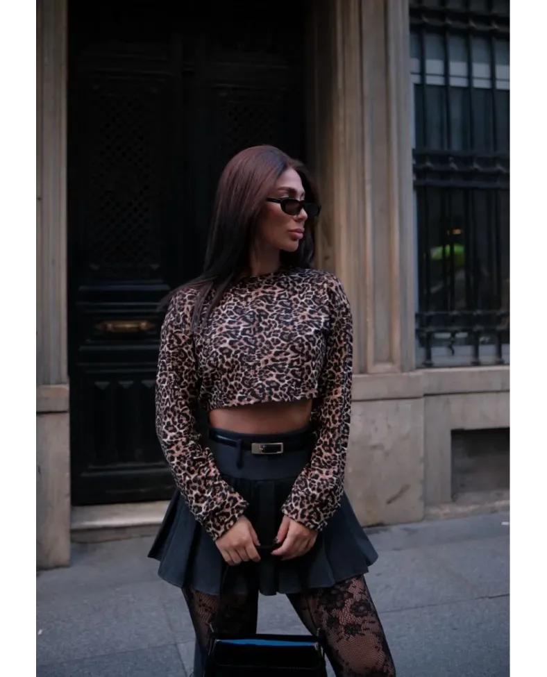 Leopar desenli Uzun Kollu Crop - Leopar