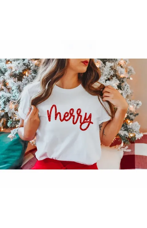 Merry Baskılı T-shirt - Beyaz