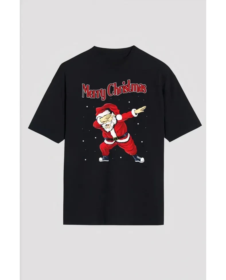 Merry Christmas Baskılı Noel Babalı T-shirt - Siyah