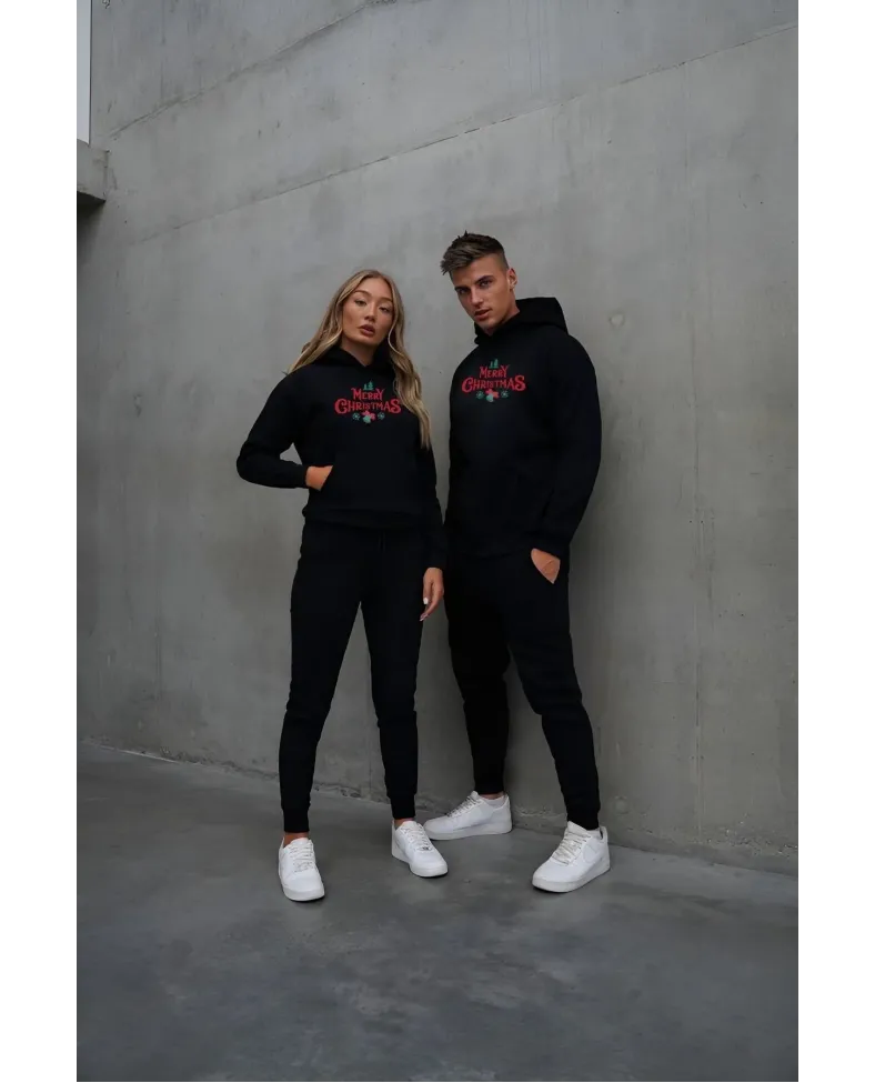 Yılbaşı Merry Christmas Baskılı Oversize Kapüşonlu Sweatshirt Hoodie - Siyah