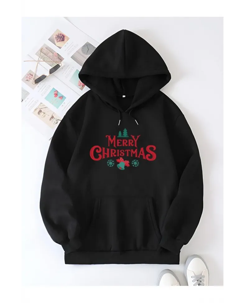 Yılbaşı Merry Christmas Baskılı Oversize Kapüşonlu Sweatshirt Hoodie - Siyah