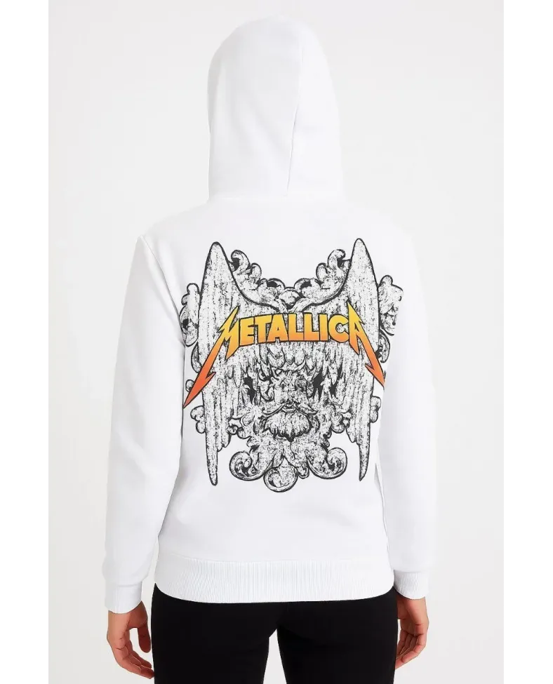 Metallica İki İplik Kapüşonlu Ön ve Arka Baskılı hoodie - Beyaz