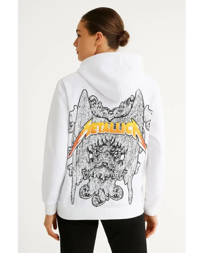 Metallica İki İplik Kapüşonlu Ön ve Arka Baskılı hoodie - Beyaz
