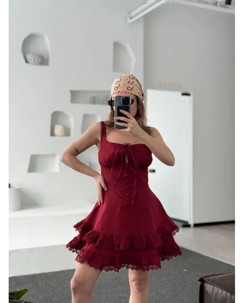 Kadın Mini Askılı Elbise - Bordo