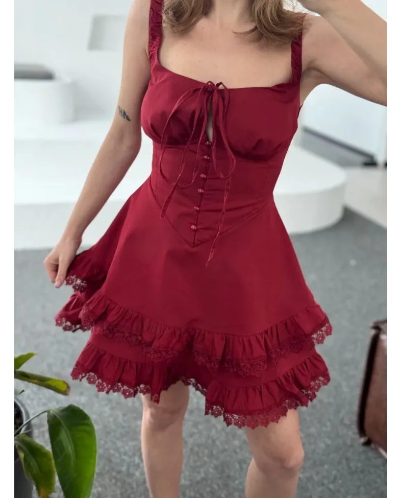 Kadın Mini Askılı Elbise - Bordo