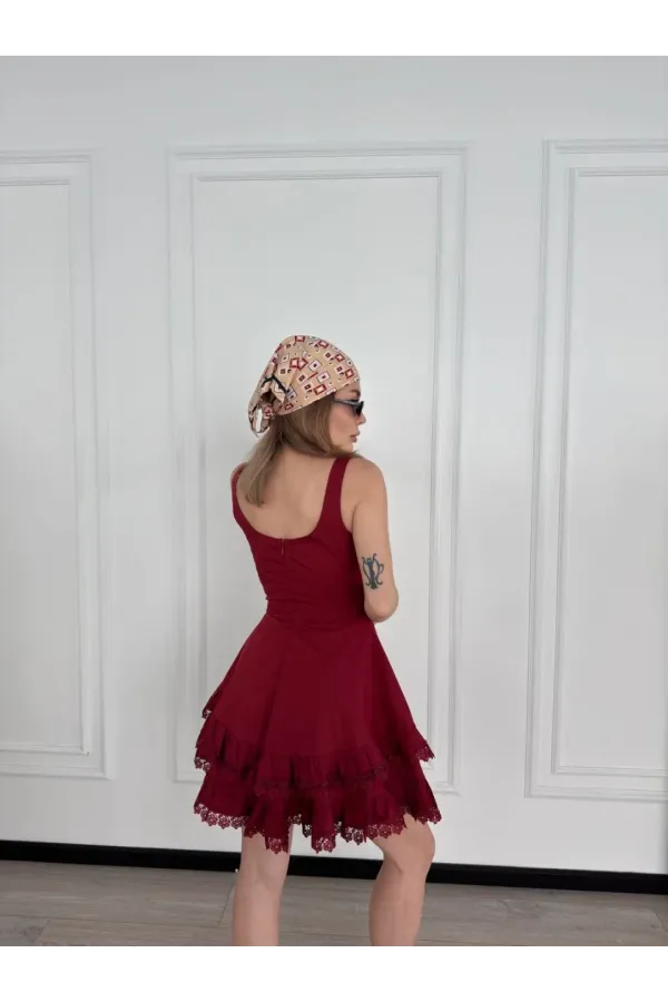 Kadın Mini Askılı Elbise - Bordo