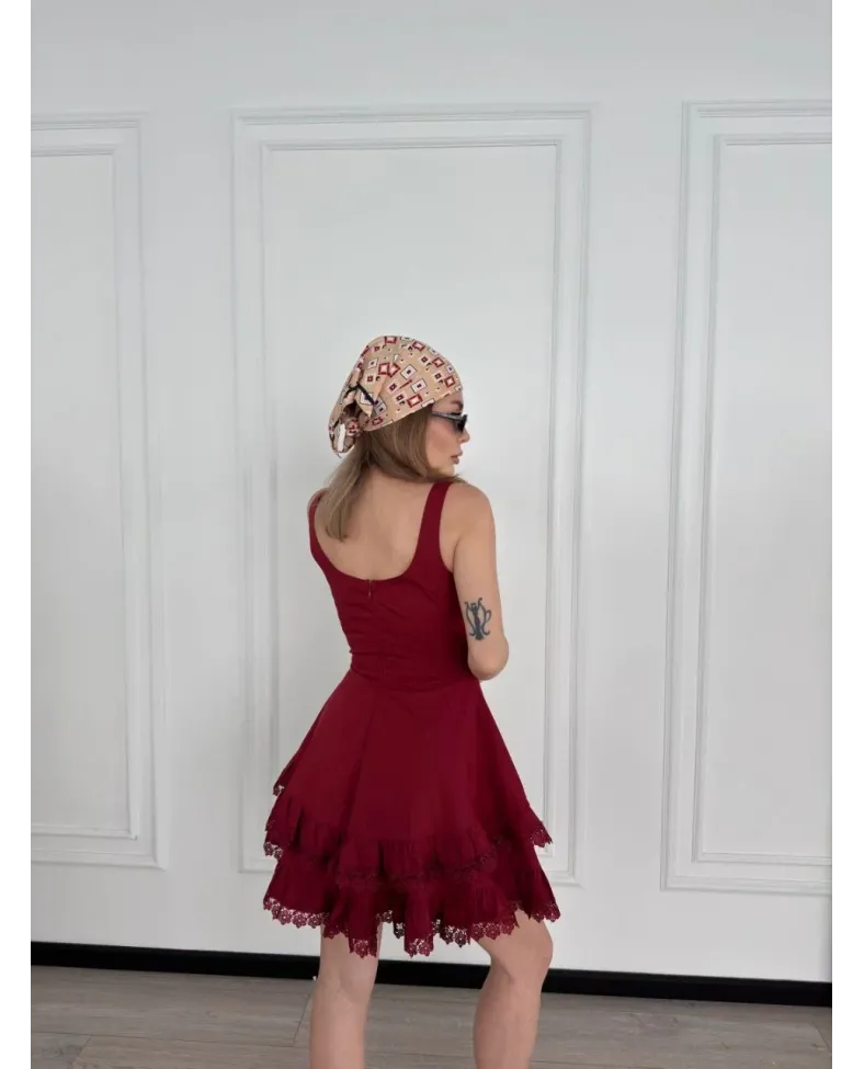 Kadın Mini Askılı Elbise - Bordo