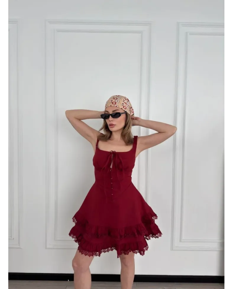 Kadın Mini Askılı Elbise - Bordo