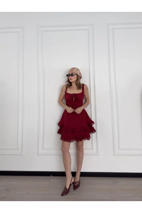 Kadın Mini Askılı Elbise - Bordo