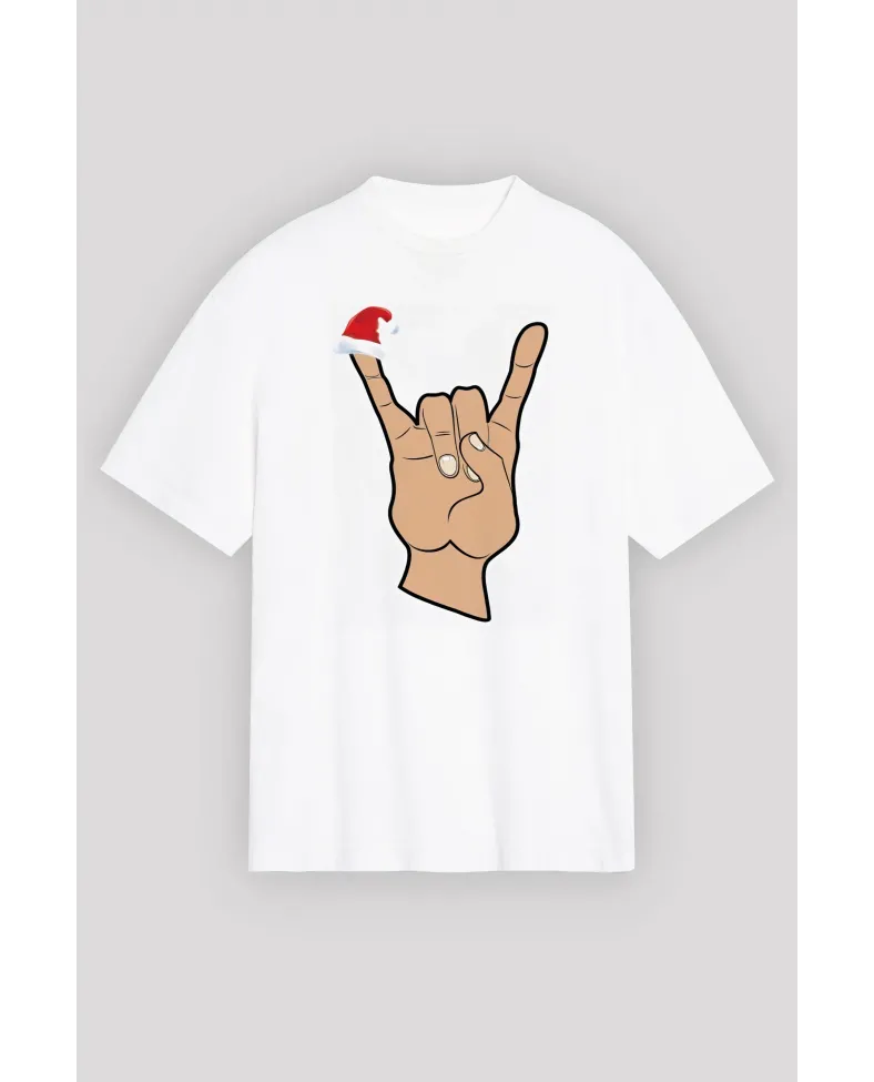 Noel Başlıklı Serçe Parmak T-shirt - Beyaz