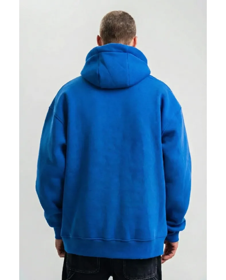Erkek Saks Mavi Double Oversize 3 İplik Pamuklu Kapüşonlu Kanguru Cepli - Saks Mavi
