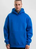 Erkek Saks Mavi Double Oversize 3 İplik Pamuklu Kapüşonlu Kanguru Cepli - Saks Mavi