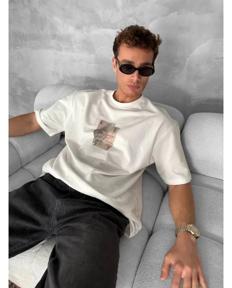 ERKEK Ön ve Arka Baskılı Oversize Bisiklet Yaka - Beyaz