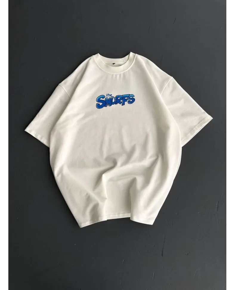 ERKEK Ön ve Arka Baskılı Oversize Bisiklet Yaka - Beyaz