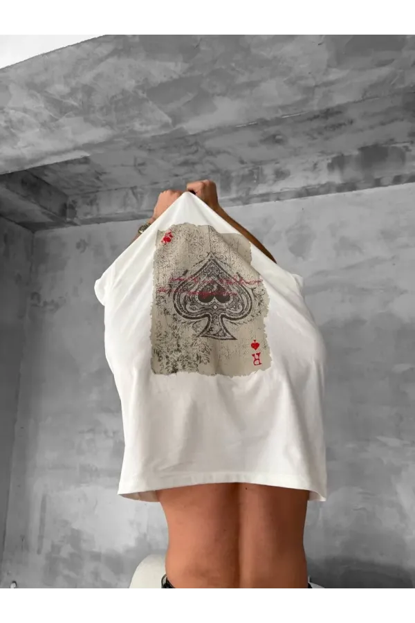 ERKEK Ön ve Arka Baskılı Oversize Bisiklet Yaka - Beyaz