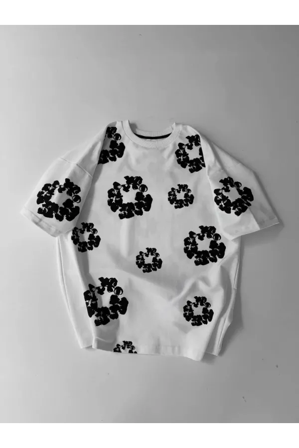 Ön ve Arka Baskılı Oversize Bisiklet Yaka T-shirt- Beyaz