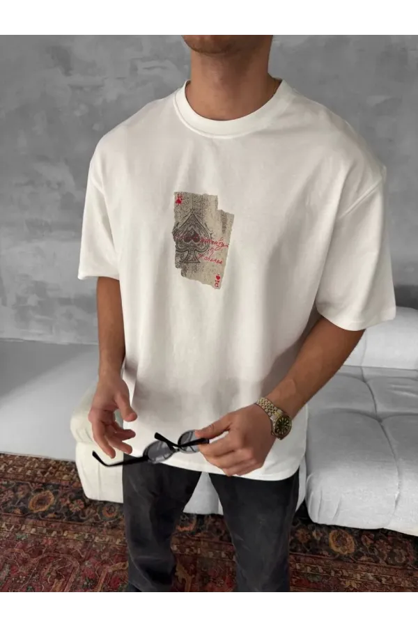 ERKEK Ön ve Arka Baskılı Oversize Bisiklet Yaka - Beyaz