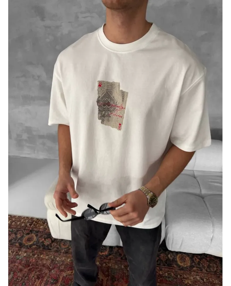 ERKEK Ön ve Arka Baskılı Oversize Bisiklet Yaka - Beyaz