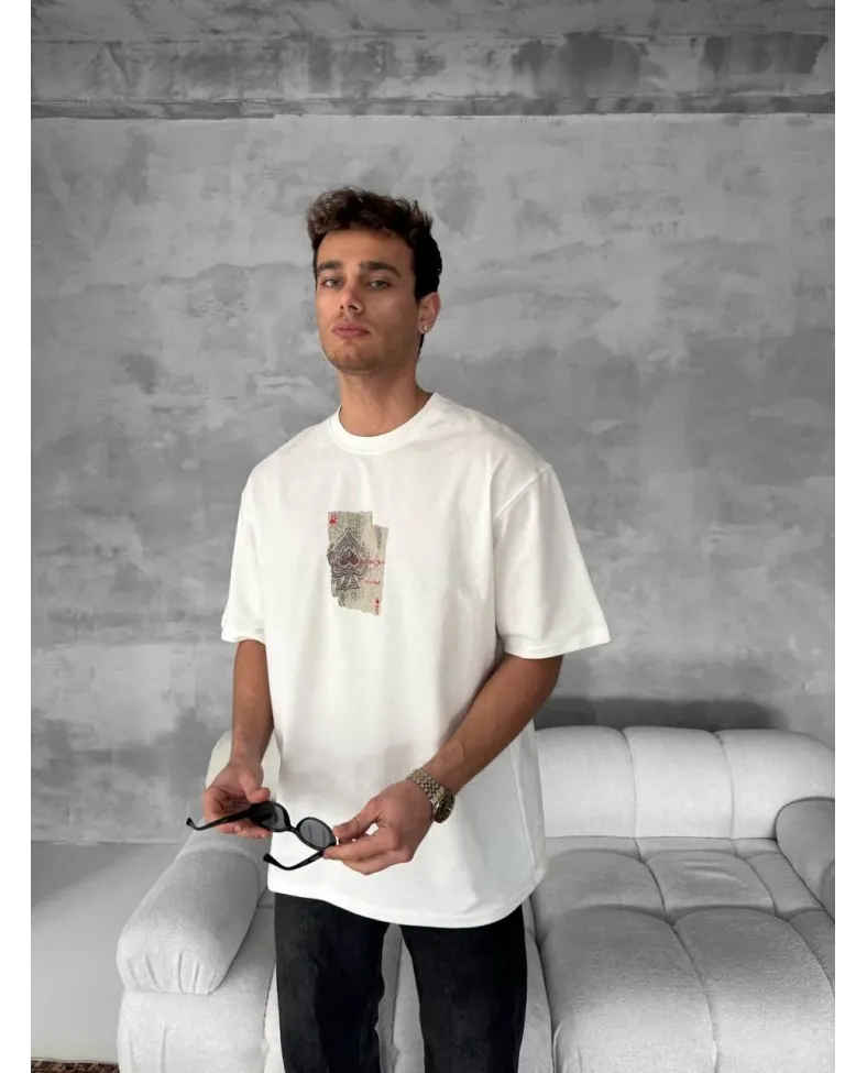 ERKEK Ön ve Arka Baskılı Oversize Bisiklet Yaka - Beyaz