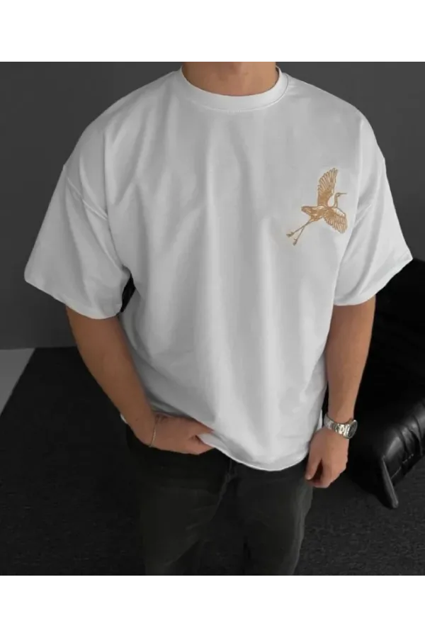 Ön ve Arka Baskılı Oversize Bisiklet Yaka - Beyaz