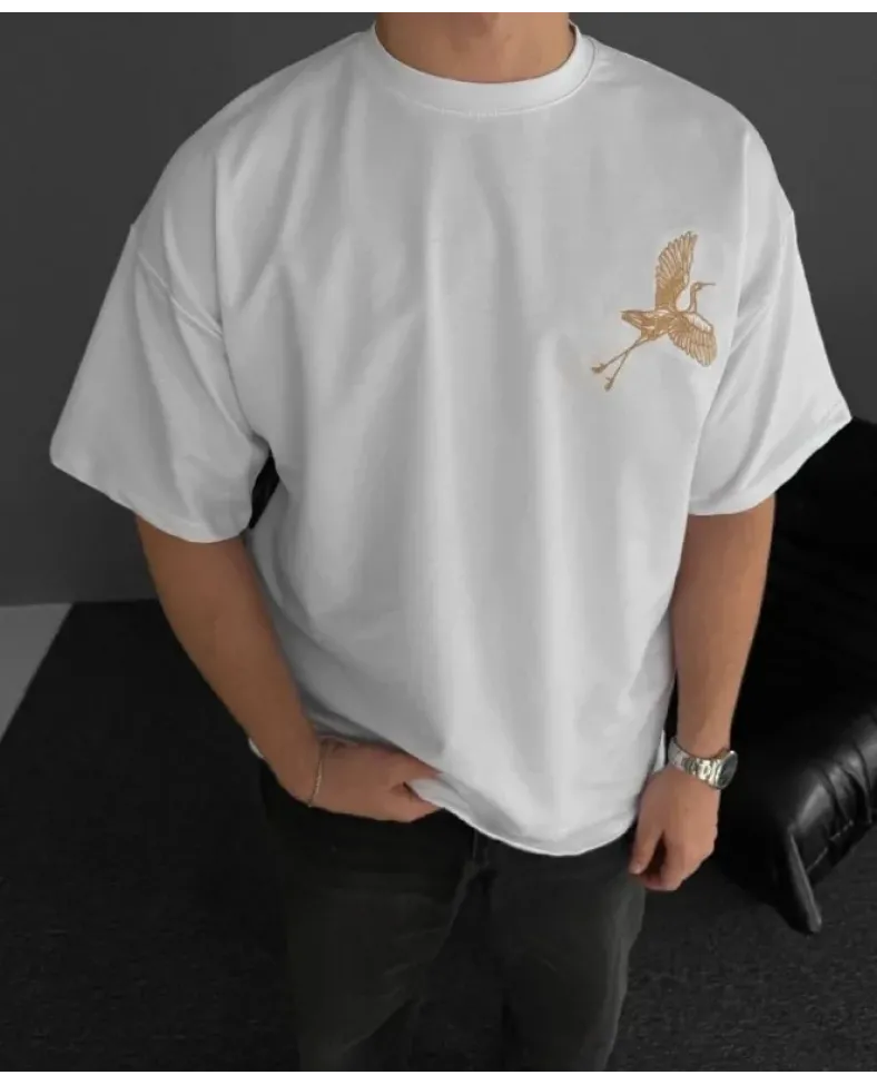 Ön ve Arka Baskılı Oversize Bisiklet Yaka - Beyaz