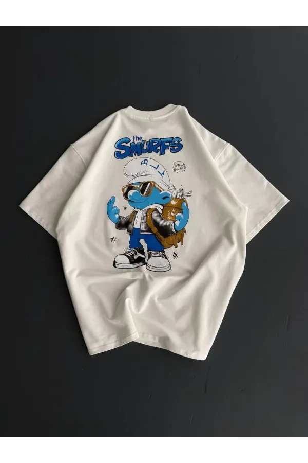 ERKEK Ön ve Arka Baskılı Oversize Bisiklet Yaka - Beyaz