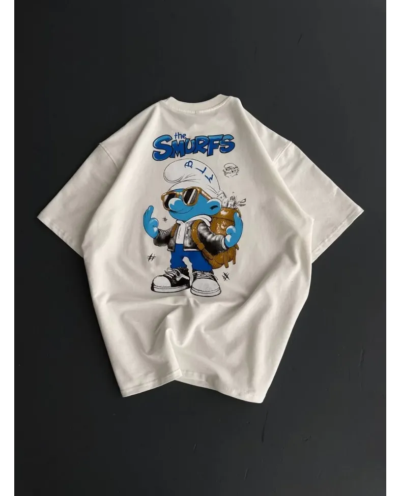 ERKEK Ön ve Arka Baskılı Oversize Bisiklet Yaka - Beyaz