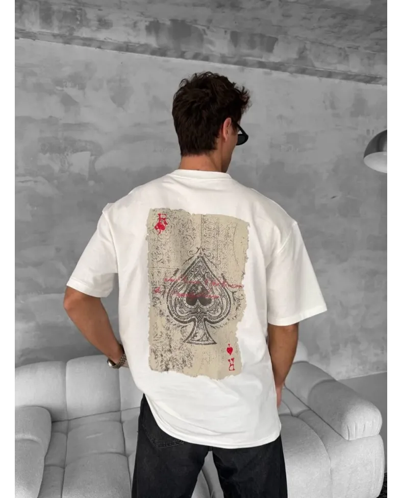 ERKEK Ön ve Arka Baskılı Oversize Bisiklet Yaka - Beyaz