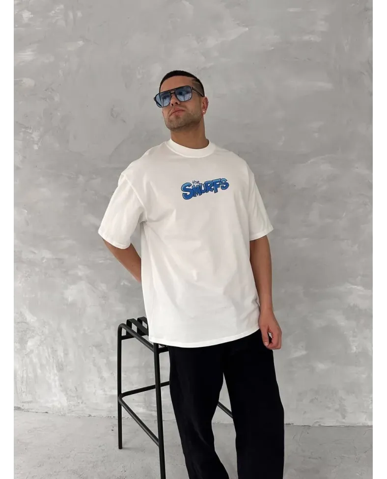 ERKEK Ön ve Arka Baskılı Oversize Bisiklet Yaka - Beyaz