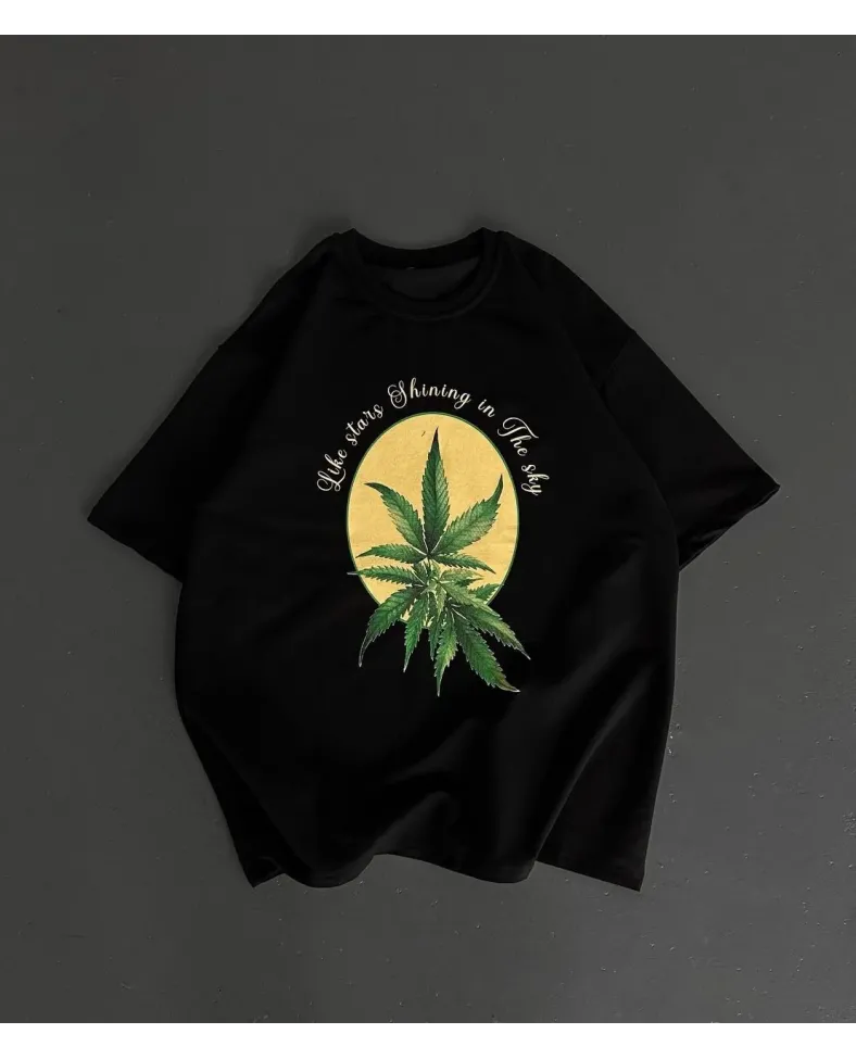 ERKEK  Baskılı Oversize Bisiklet Yaka T-shirt- Siyah