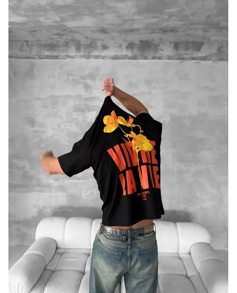 Erkek Baskılı Oversize Bisiklet Yaka T-shirt- Siyah