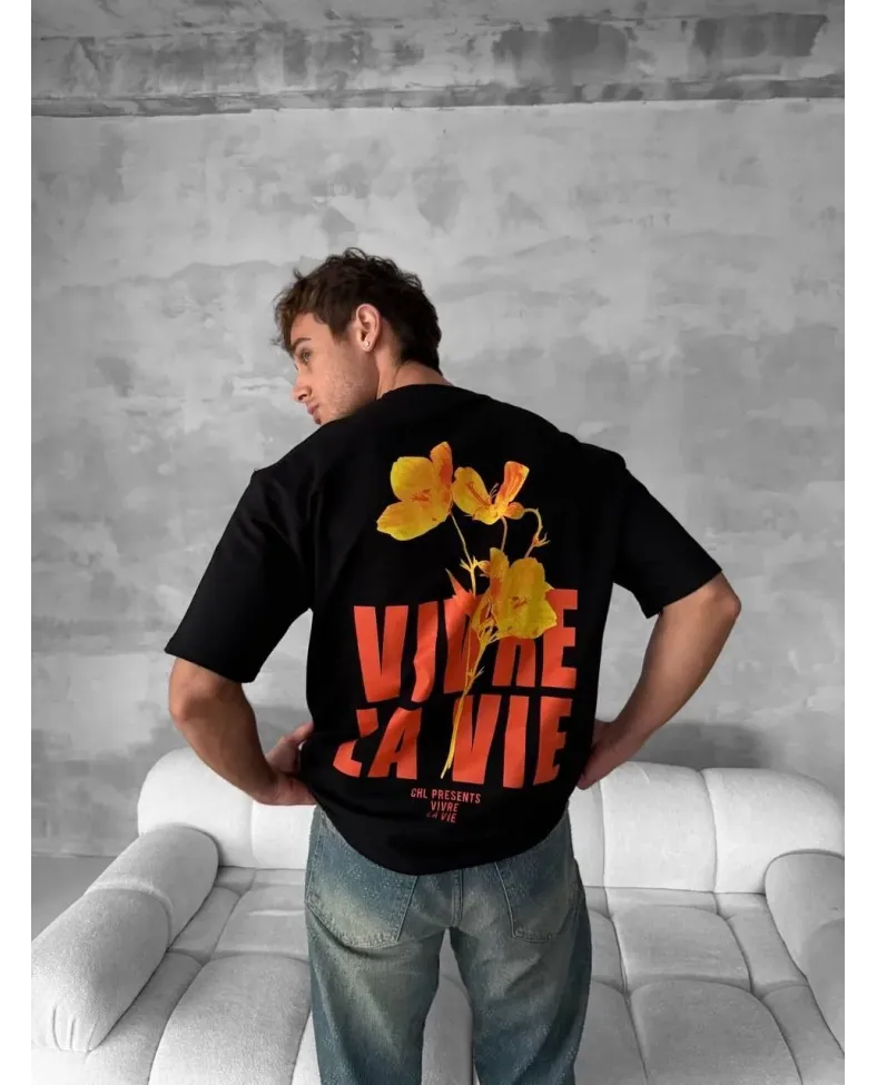 Erkek Baskılı Oversize Bisiklet Yaka T-shirt- Siyah