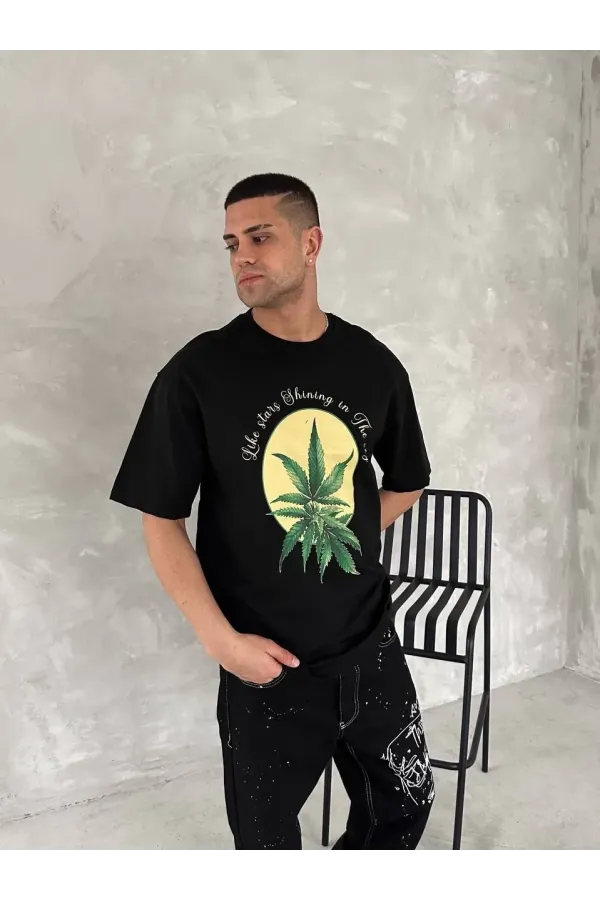 ERKEK  Baskılı Oversize Bisiklet Yaka T-shirt- Siyah