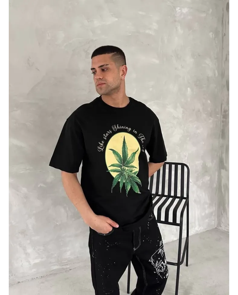 ERKEK  Baskılı Oversize Bisiklet Yaka T-shirt- Siyah