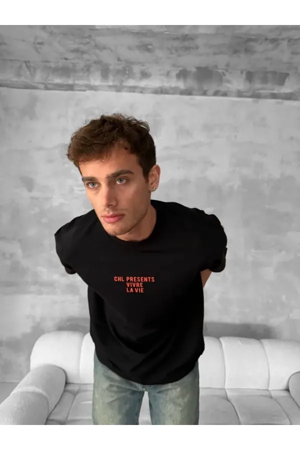 Erkek Baskılı Oversize Bisiklet Yaka T-shirt- Siyah