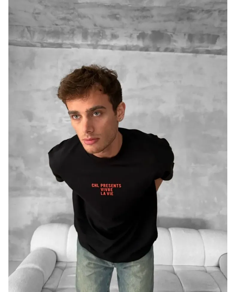 Erkek Baskılı Oversize Bisiklet Yaka T-shirt- Siyah